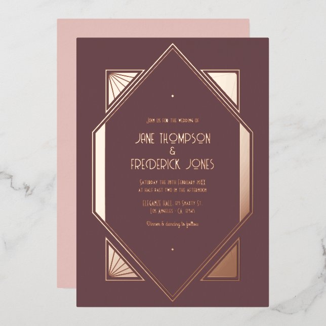 Invitación Con Relieve Metalizado Mauve Plum & Rose Gold Gatsby Art Deco Wedding (Anverso/Reverso)