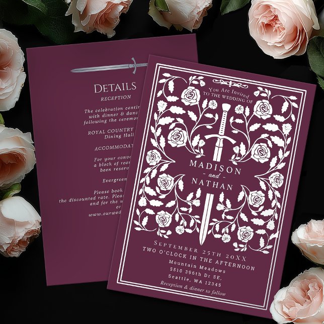 Invitación Con Relieve Metalizado Mauve Royal Medieval Silver Sword Wedding Details (Subido por el creador)