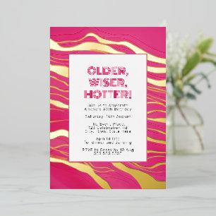 Invitación Con Relieve Metalizado Mayor, Más Sabia, Más Caliente Rosa Intenso y Hoja