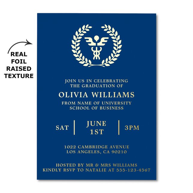 Invitación Con Relieve Metalizado MBA Business Grad Navy Gold Graduation Party (MBA graduation party invitation with real foil raised texture)