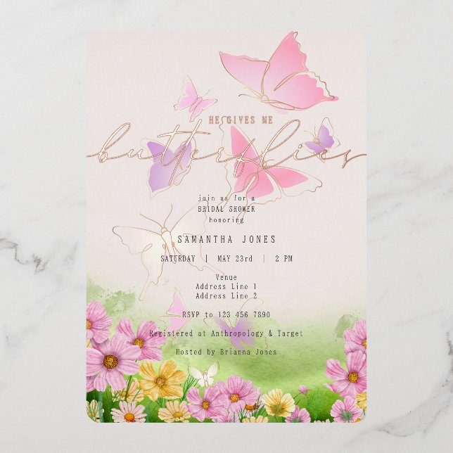 Invitación Con Relieve Metalizado Me Da Mariposas Flores Silvestres Ducha De Novias (Anverso)