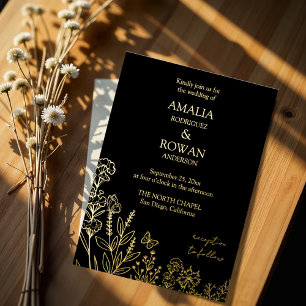 Invitación Con Relieve Metalizado Meadow Flowers Black and Gold Boda