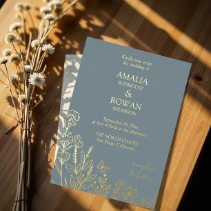 Invitación Con Relieve Metalizado Meadow Flowers Blue Gray Boda