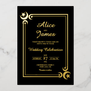 Invitación Con Relieve Metalizado Media Luna Estrella Elegante Boda con Hoja de Oro