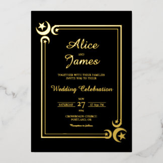 Invitación Con Relieve Metalizado Media Luna Estrella Elegante Boda con Hoja de Oro
