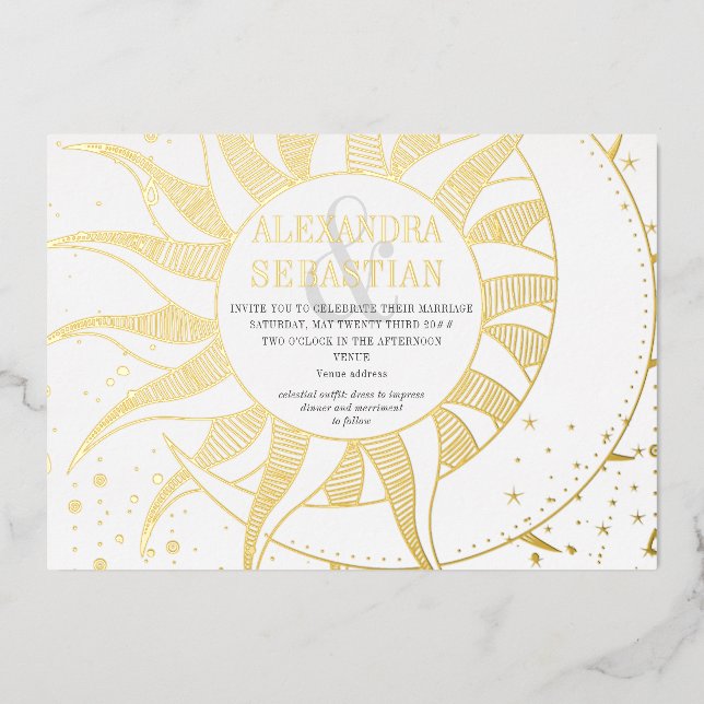 Invitación Con Relieve Metalizado Medianoche Estrellas Luna Sol Boda Celeste Plata (Anverso)