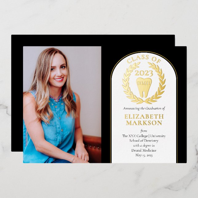 Invitación Con Relieve Metalizado Médica Medicina Dental Foto Graduación Oro (Anverso/Reverso)