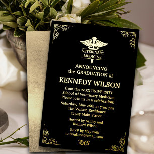 Invitación Con Relieve Metalizado Medicina veterinaria de oro negro brillante con fo