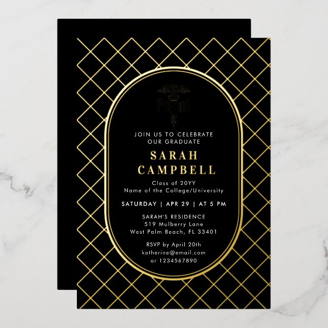 Invitación Con Relieve Metalizado Médico de PharmD de Patrón de Comprobación de Grad (Anverso/Reverso)