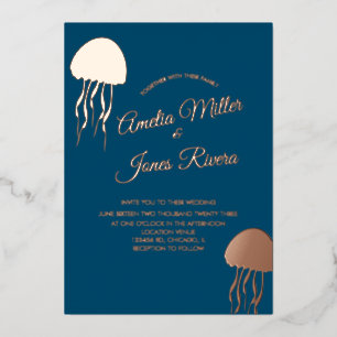 Invitación Con Relieve Metalizado Medusa de oro Navy Boda Prensada  