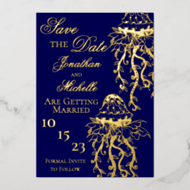 Invitación Con Relieve Metalizado Medusa Ornata de Papel de Oro en la Playa Save the