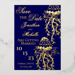 Invitación Con Relieve Metalizado Medusa Ornata de Papel de Oro en la Playa Save the