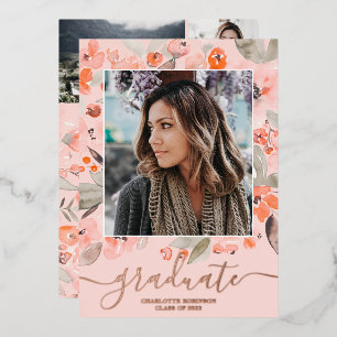 Invitación Con Relieve Metalizado Melocotón floral verde script 3 fotos graduación