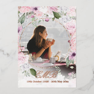 Invitación Con Relieve Metalizado Memorial Funeral Simple Floral Rosa Dorado Foto