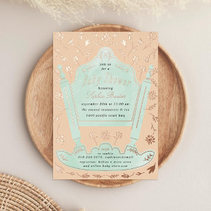 Invitación Con Relieve Metalizado Menta Melocotón Antiguo Cuna Baby Shower Rosa Oro