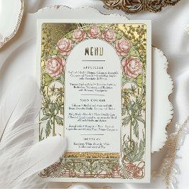 Invitación Con Relieve Metalizado Menu Card Peonies Gold Art Nouveau Mucha
