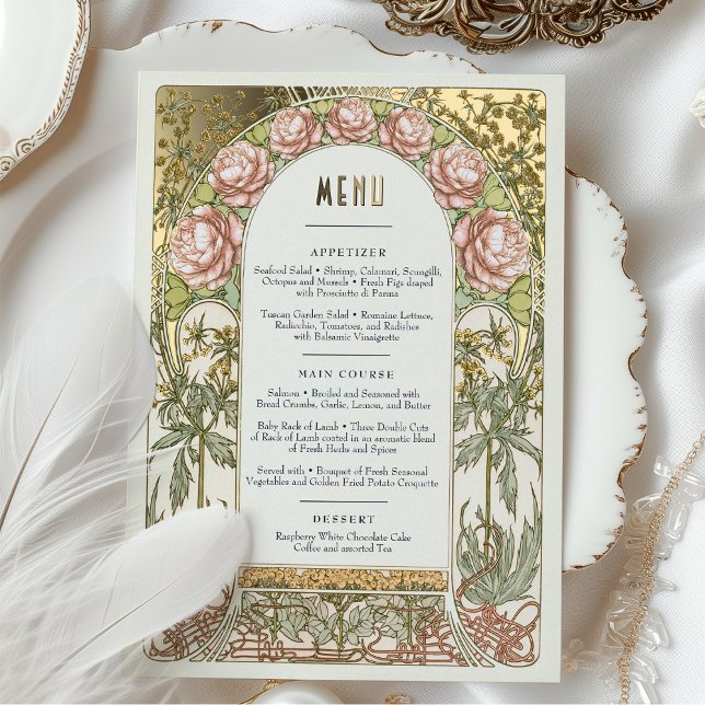 Invitación Con Relieve Metalizado Menu Card Peonies Gold Art Nouveau Mucha (Subido por el creador)