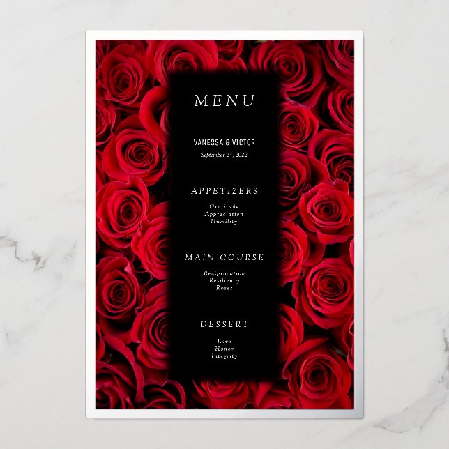 Invitación Con Relieve Metalizado Menú de Boda de Lujo Rosas Rojas Falsas Plata Negr (Anverso)