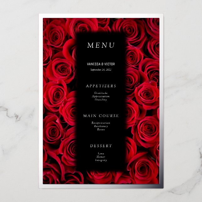 Invitación Con Relieve Metalizado Menú de Boda de Lujo Rosas Rojas Falsas Plateadas  (Anverso)