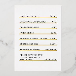 Invitación Con Relieve Metalizado Menú de Café Divertido Único Guarda la Fecha