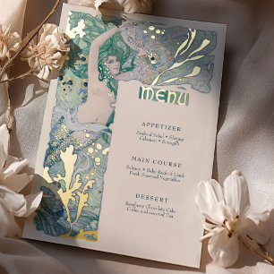 Invitación Con Relieve Metalizado Menú Sirenita Vintage Art Nouveau
