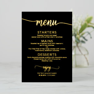 Invitación Con Relieve Metalizado Menús de boda elegantes negro oro