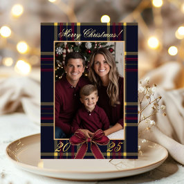 Invitación Con Relieve Metalizado Merry Christmas family Photo Plaid Christmas