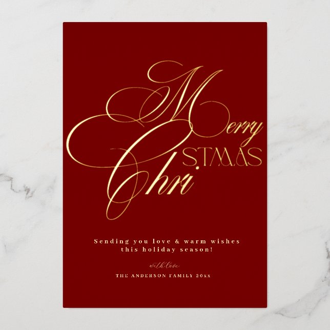 Invitación Con Relieve Metalizado Merry Christmas Gold Script Red Minimal Holiday  (Anverso)