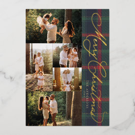 Invitación Con Relieve Metalizado Merry Christmas Plaid Foil Family Photo Holiday