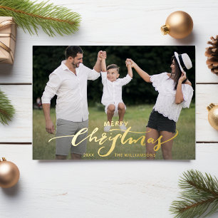 Invitación Con Relieve Metalizado Merry Christmas Script Caligrafía 2 fotos Oro