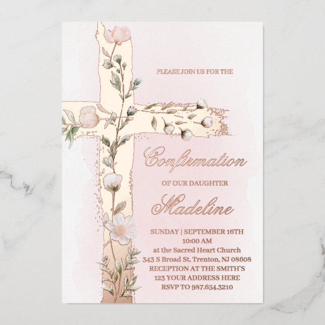 Invitación Con Relieve Metalizado metallic floral Holy cross Confirmation (Anverso)