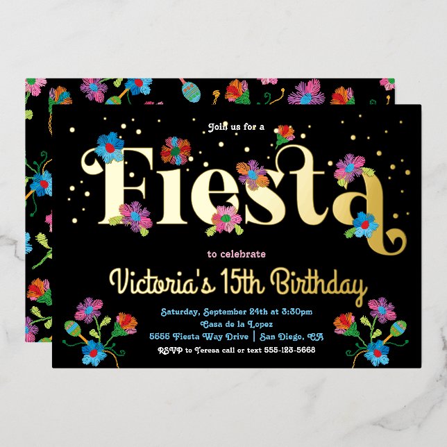 Invitación Con Relieve Metalizado Mexican Fiesta Birthday Party with embroidery (Anverso/Reverso)