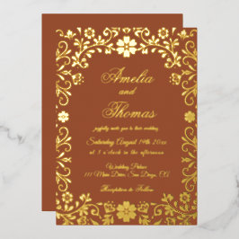 Invitación Con Relieve Metalizado Mexican Fiesta Terracotta Gold Floral Wedding 