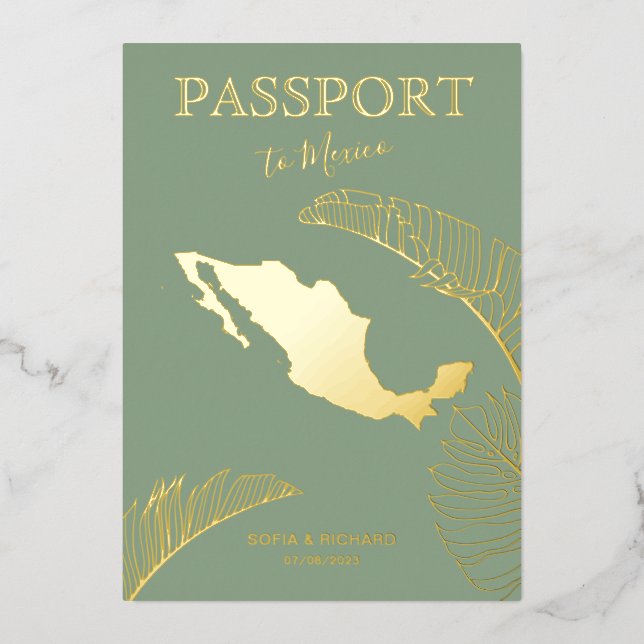 Invitación Con Relieve Metalizado Mexico Beach Destination Wedding Passport (Anverso)