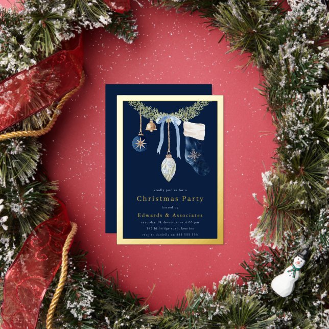 Invitación Con Relieve Metalizado Midnight Blue Stocking Christmas Party Gold (in situ)