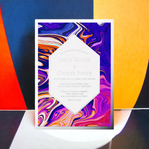 Invitación Con Relieve Metalizado Minimal Azul Mauve Galaxia Abstracto Boda Plata