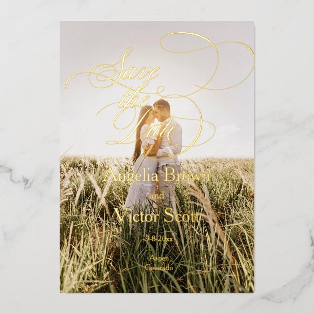 Invitación Con Relieve Metalizado Minimal Calligraphy Save the Date Photo (Anverso)