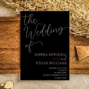 Invitación Con Relieve Metalizado Minimal Chic Script Boda Negra