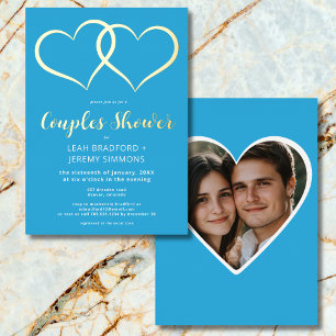 Invitación Con Relieve Metalizado Minimal Dos Corazones Azul Francés Foto de Ducha d