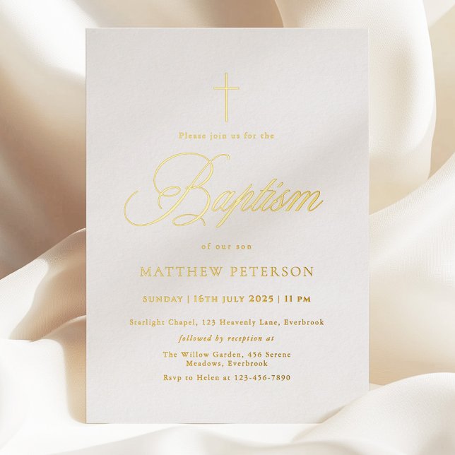 Invitación Con Relieve Metalizado Minimal Gold Calligraphy Baptism (Subido por el creador)