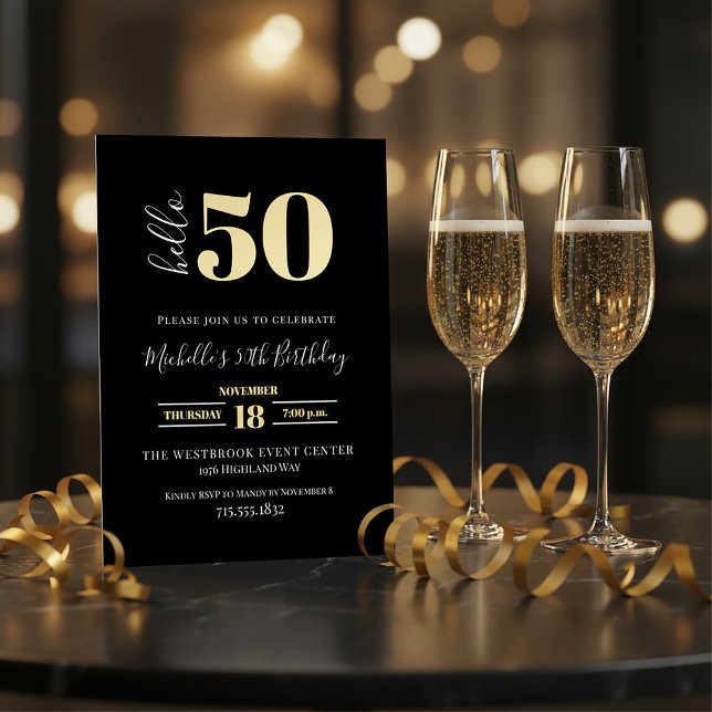 Invitación Con Relieve Metalizado Minimal Hello 50 Script 50th Birthday Black Gold  (Subido por el creador)