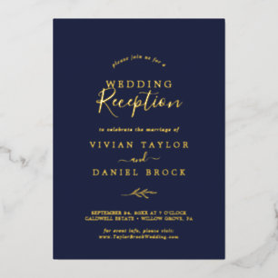 Invitación Con Relieve Metalizado Minimal Leaf   Recepción de Boda Navy con Hoja de 