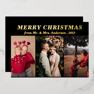Invitación Con Relieve Metalizado Minimal Script Tres Foto negro Feliz Navidad