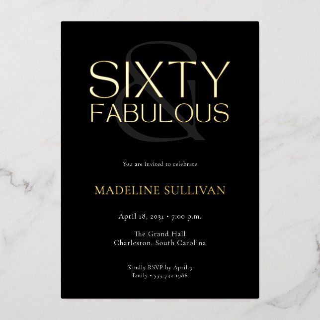 Invitación Con Relieve Metalizado Minimal Sixty and Fabulous 60th Birthday Party (Anverso)