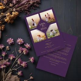 Invitación Con Relieve Metalizado Minimal Wedding Purple & Gold 4-Photos Collage