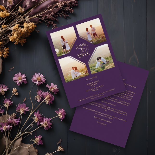 Invitación Con Relieve Metalizado Minimal Wedding Purple & Gold 4-Photos Collage (Minimal Wedding Purple & Gold 4-Photos Collage Metallic Foil Save the Date with Envelope.)