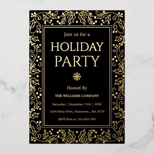 Invitación Con Relieve Metalizado Minimalist Black & Gold Holiday Gathering (Anverso)