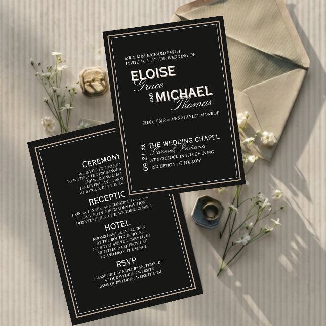Invitación Con Relieve Metalizado Minimalist Black Tie Formal Wedding (Minimalist Black Tie Formal Wedding Foil Invitation)