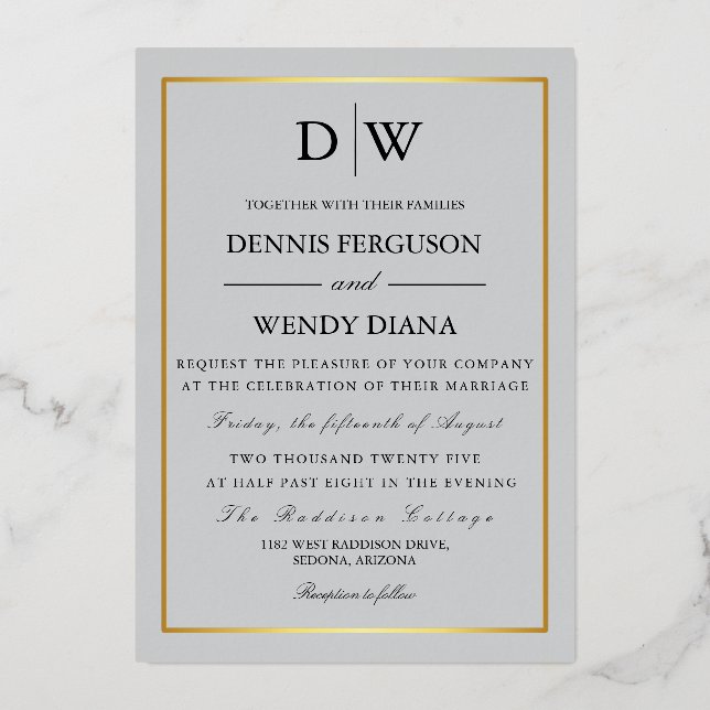 Invitación Con Relieve Metalizado Minimalist Border Monogram Wedding (Anverso)