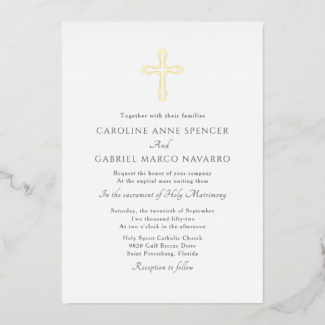 Invitación Con Relieve Metalizado Minimalist Catholic Mass Wedding (Anverso)